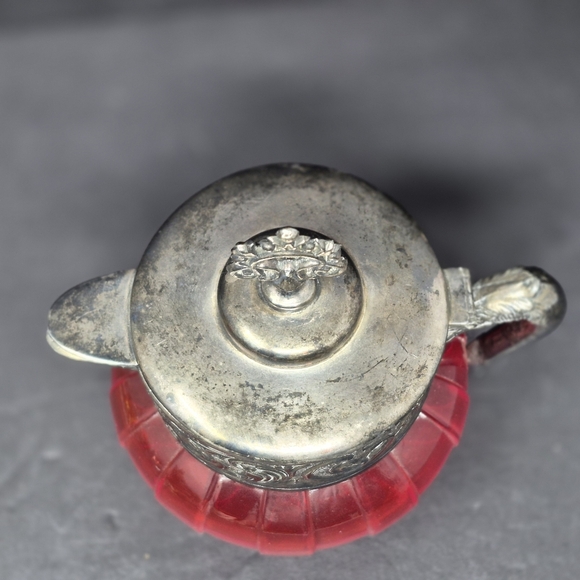 Antique Pigeon Blood Red Glass And Pewter? Creamer - Picture 5 of 8
